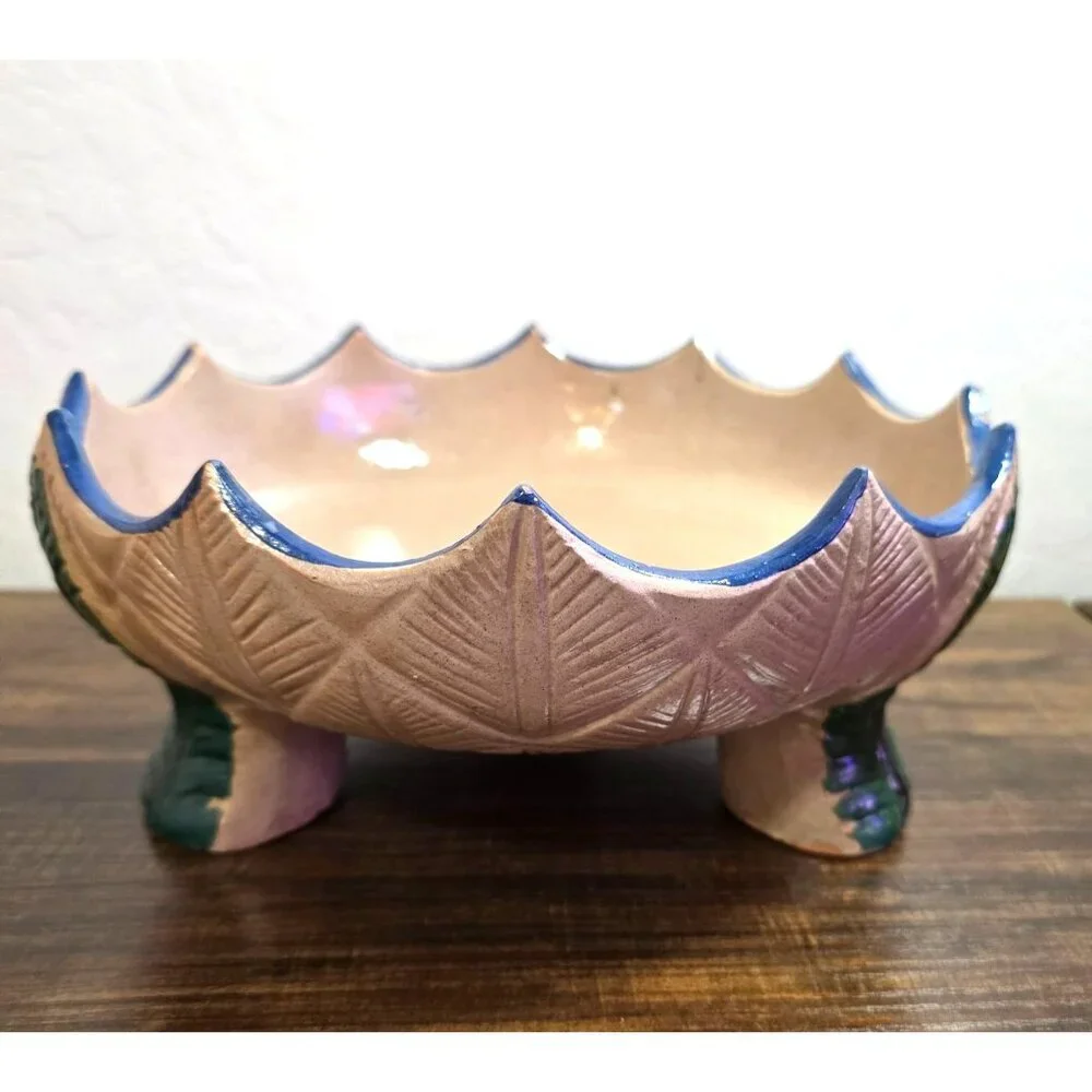 Handmade Mexican Tlaquepaque Ceramic Serving Bowl Painted Bird  Cactus Design - Picture 3 of 12